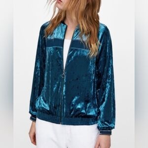 Zara Basic Women's Blue Crush Velvet Bomber Jacket (A1)